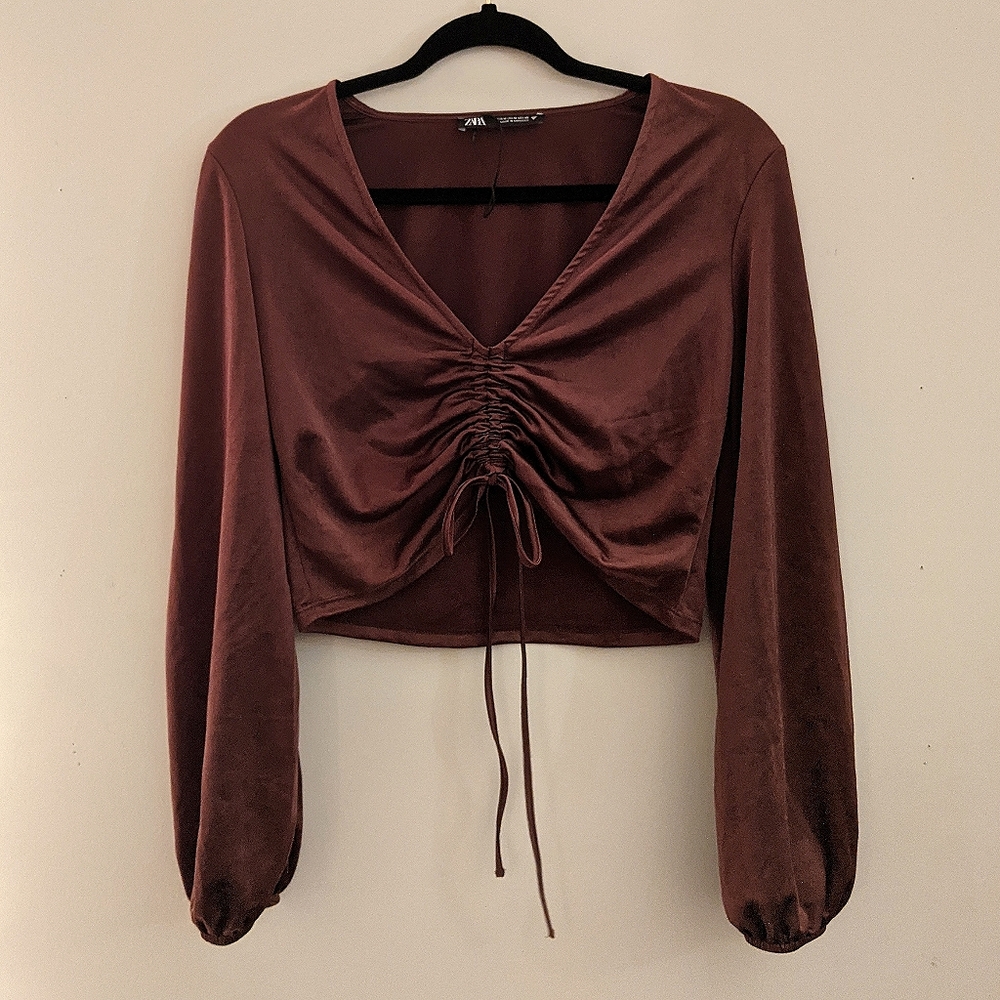 Zara Brown satin ruched long sleeve top NWOT